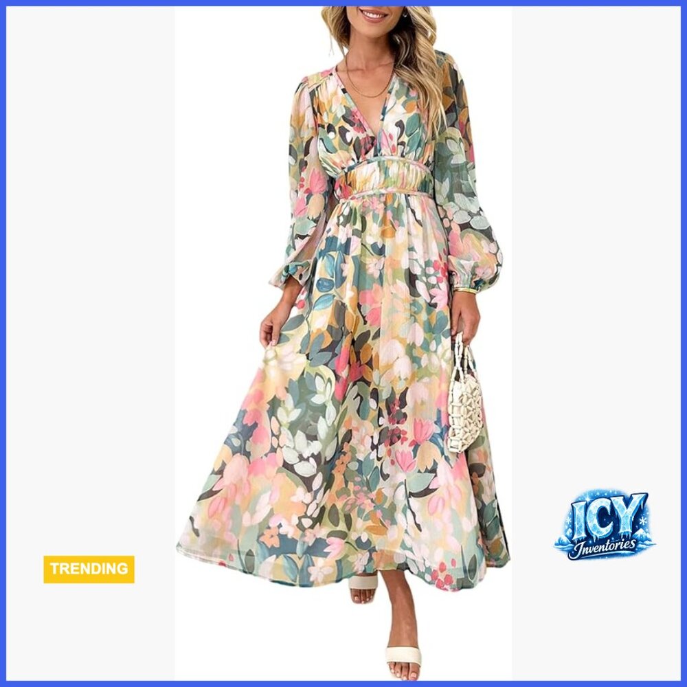 Long Sleeve Floral Maxi Dress 95% Polyester 5% Elastane Wedding Guest
